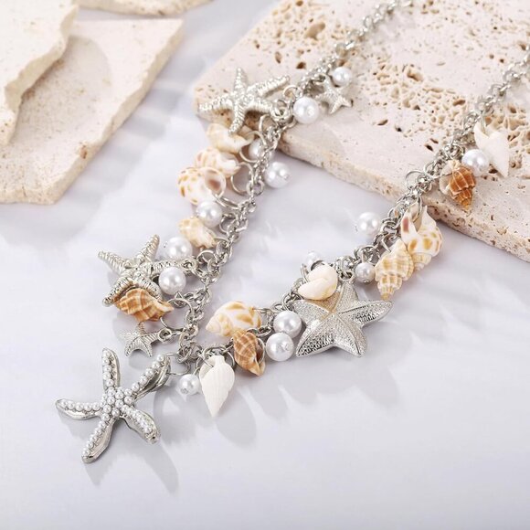 Seashell Jewelry Set Beach Necklace Bracelet Conch Starfish Faux Pearl Women - Picture 4 of 5